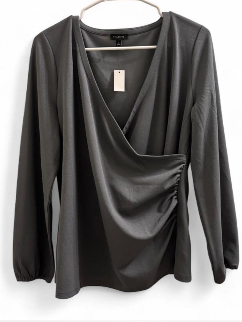 Talbots Gray Draped V-Neck Long Sleeve Blouse - Picture 2 of 6